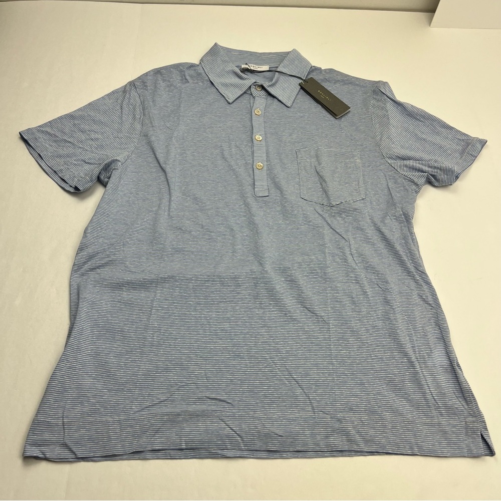 Boglioli Cotton Linen Striped‎ Blue White Short Sleeve Polo Shirt Mens Large NEW